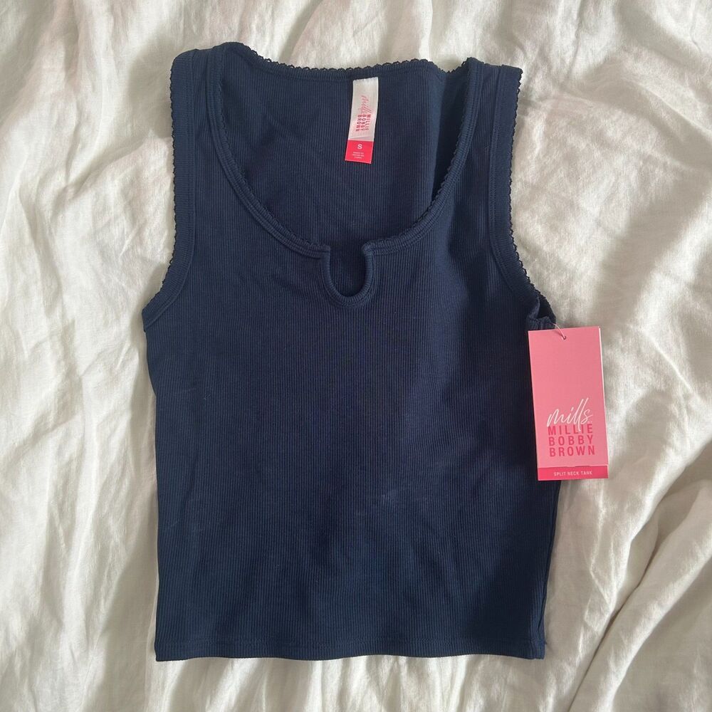 Florence by Mills Split Neck Pointelle Tank Top Navy Blue Size S NWT